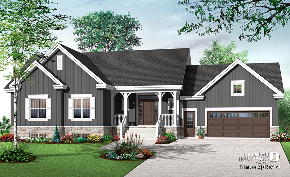 Color version 2 - Front - 3 to 6 bedrooms Ranch style Bungalow house plan, 2 family rooms, computer area, great floor plans - Primrose 2