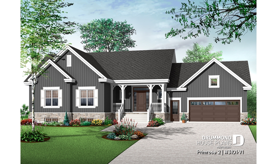 Color version 2 - Front - 3 to 6 bedrooms Ranch style Bungalow house plan, 2 family rooms, computer area, great floor plans - Primrose 2