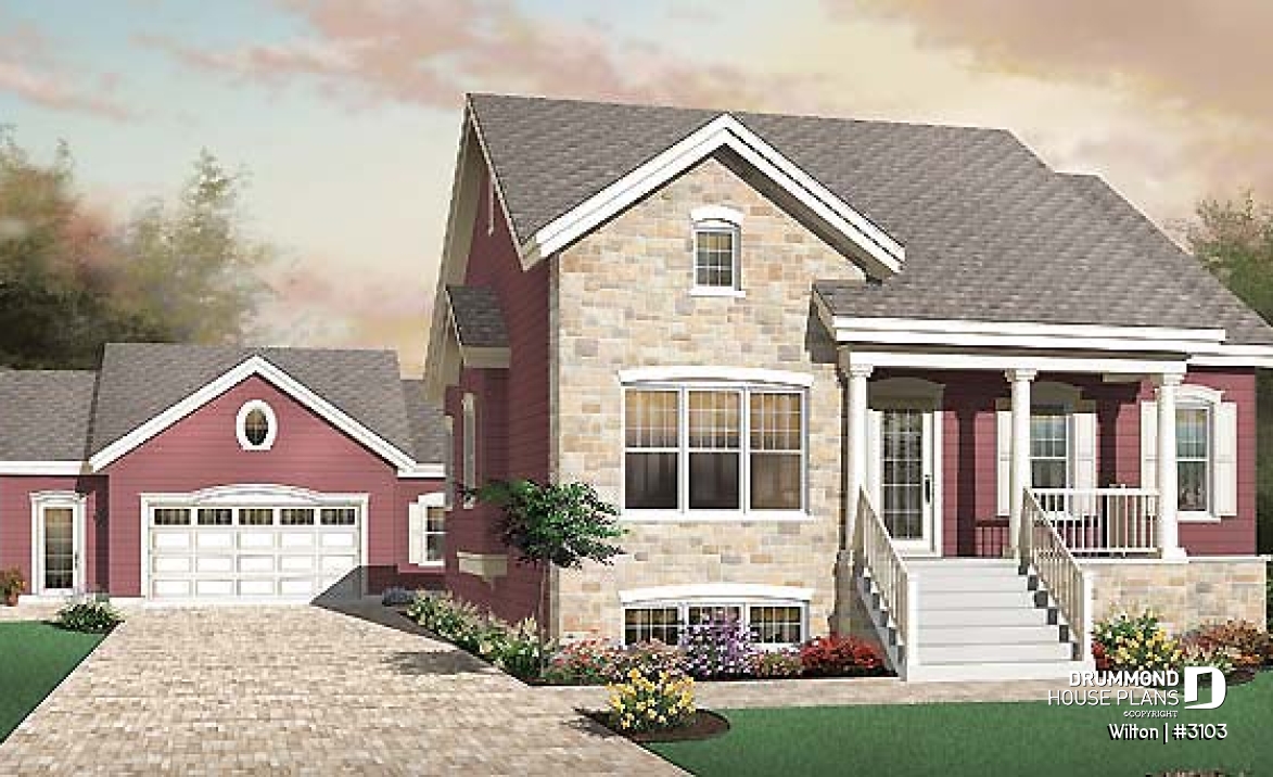 front - BASE MODEL - Country ranch style 3 bedroom house plan with 9' ceilings and covered porch - Wilton