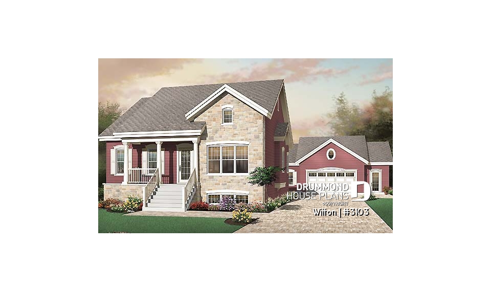 front - BASE MODEL - Country ranch style 3 bedroom house plan with 9' ceilings and covered porch - Wilton