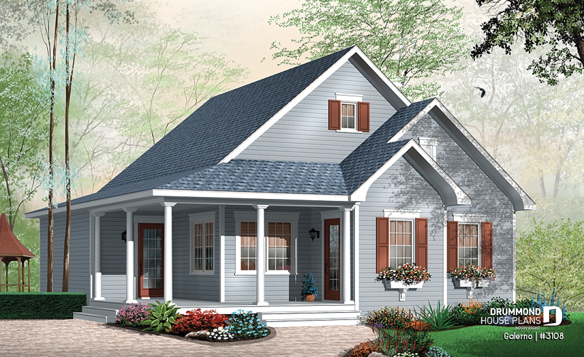 front - BASE MODEL - Affordable country style house plan, 2 bedrooms, laundry room on main, covered front balcony - Galerno