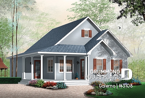 front - BASE MODEL - Affordable country style house plan, 2 bedrooms, laundry room on main, covered front balcony - Galerno