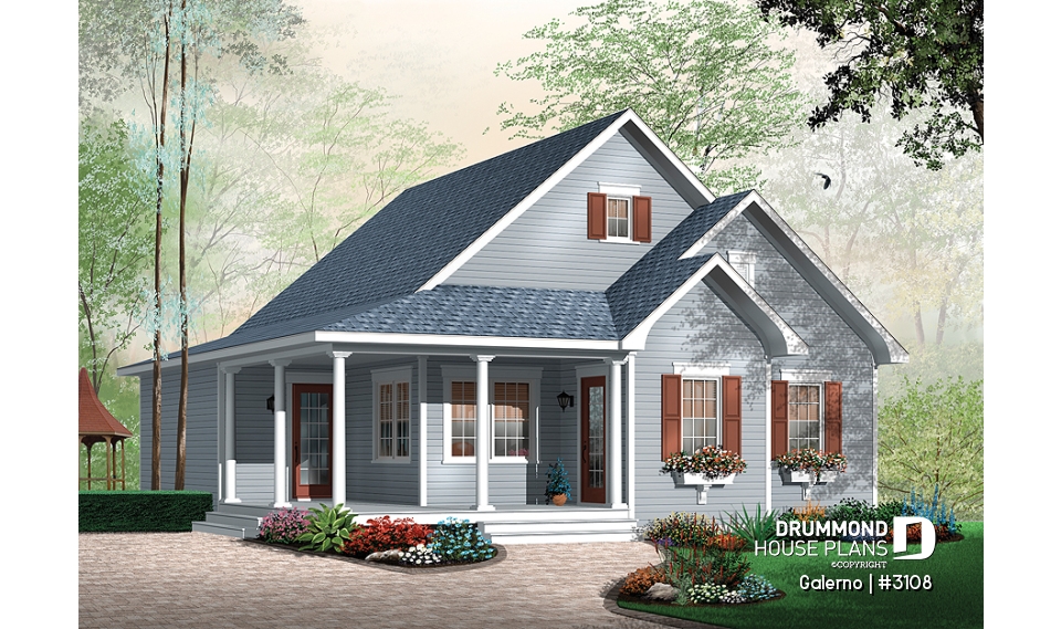 front - BASE MODEL - Affordable country style house plan, 2 bedrooms, laundry room on main, covered front balcony - Galerno