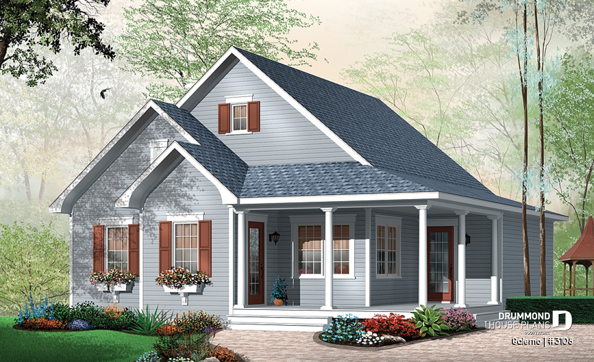 front - BASE MODEL - Affordable country style house plan, 2 bedrooms, laundry room on main, covered front balcony - Galerno