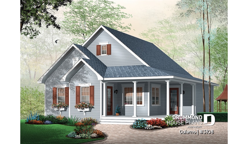 front - BASE MODEL - Affordable country style house plan, 2 bedrooms, laundry room on main, covered front balcony - Galerno