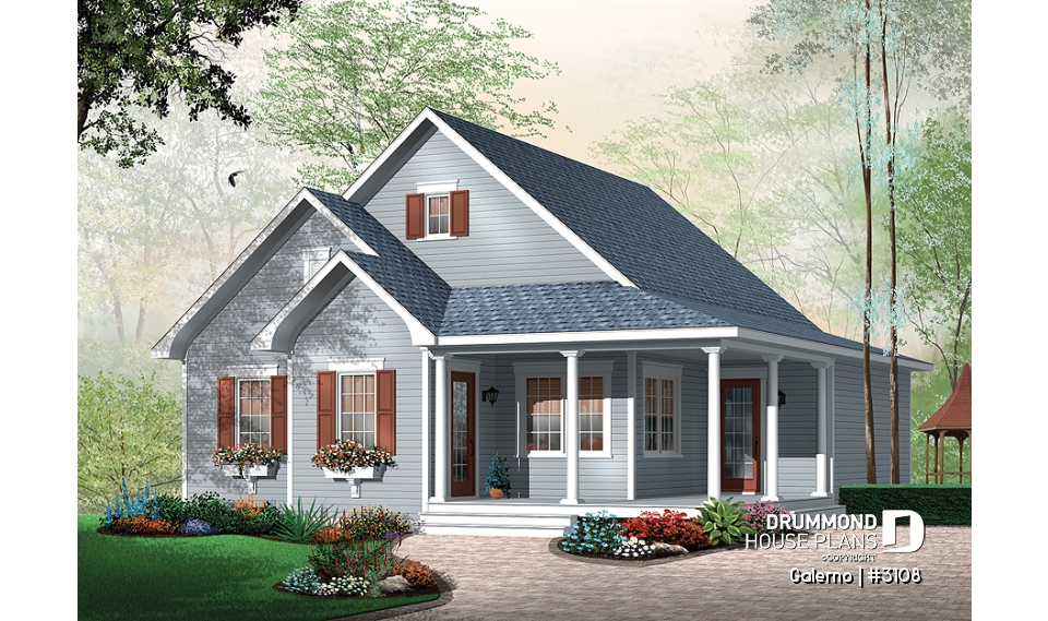 front - BASE MODEL - Affordable country style house plan, 2 bedrooms, laundry room on main, covered front balcony - Galerno