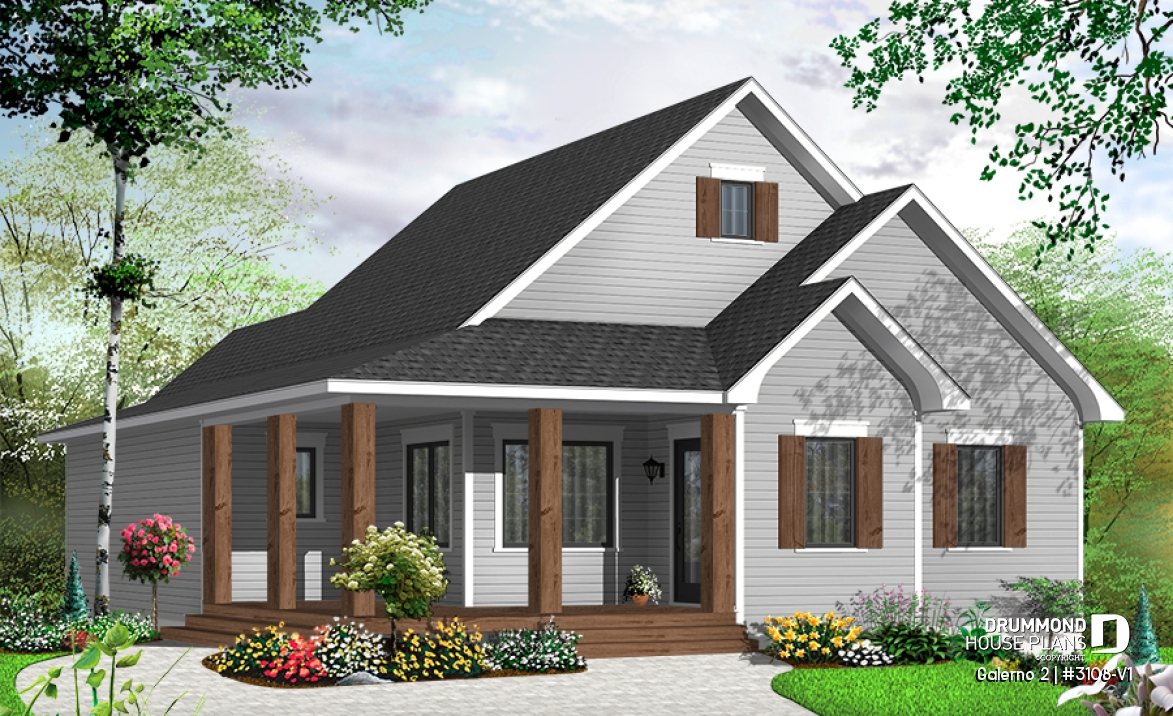 Color version 1 - Front - 2 to 5 bedroom Country style house plan with 2 living rooms and a game room - Galerno 2