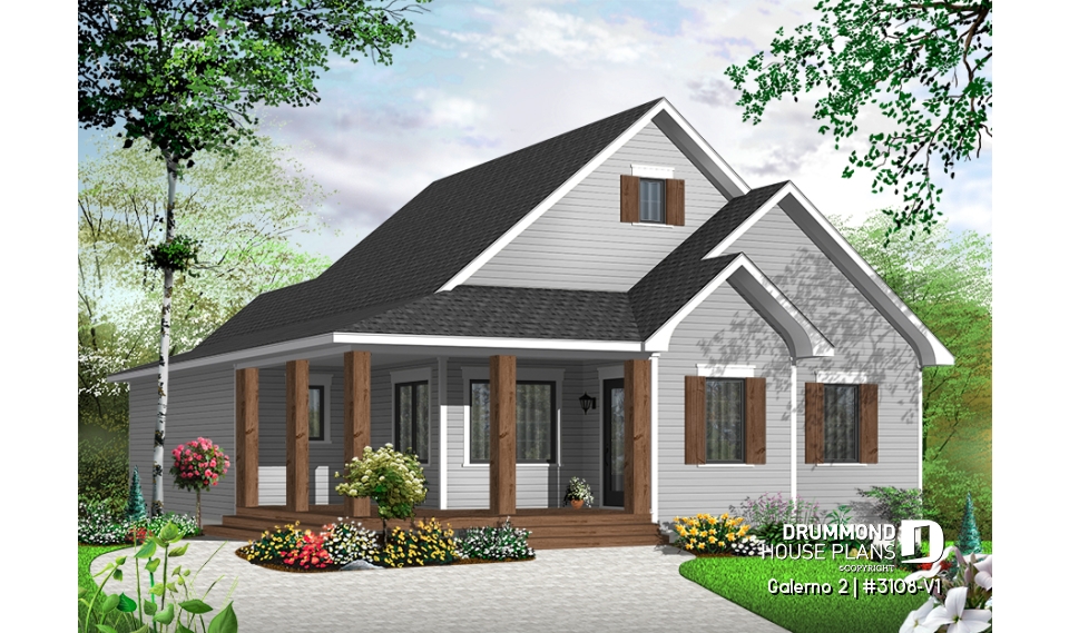 Color version 1 - Front - 2 to 5 bedroom Country style house plan with 2 living rooms and a game room - Galerno 2