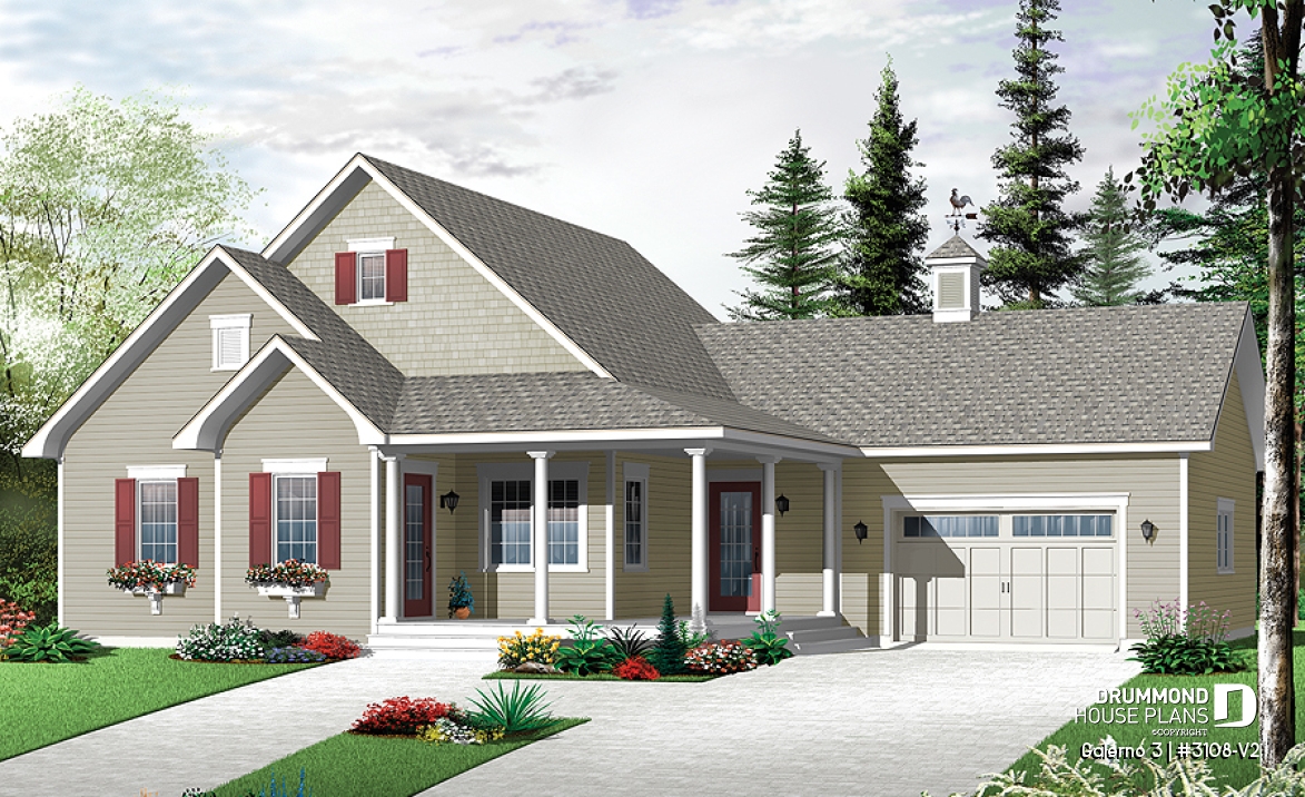 front - BASE MODEL - Country style Bungalow house plan, computer nook, access to basement through garage - Galerno 3