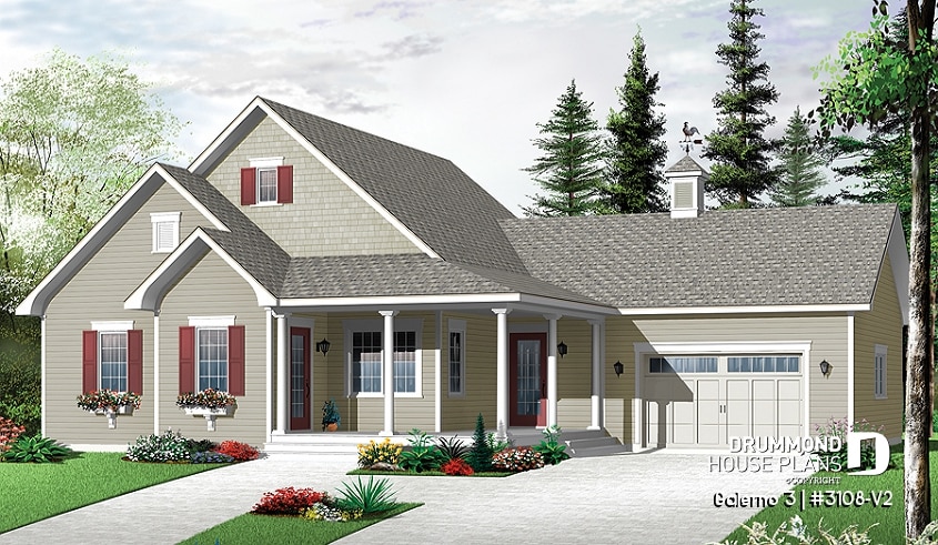 front - BASE MODEL - Country style Bungalow house plan, computer nook, access to basement through garage - Galerno 3