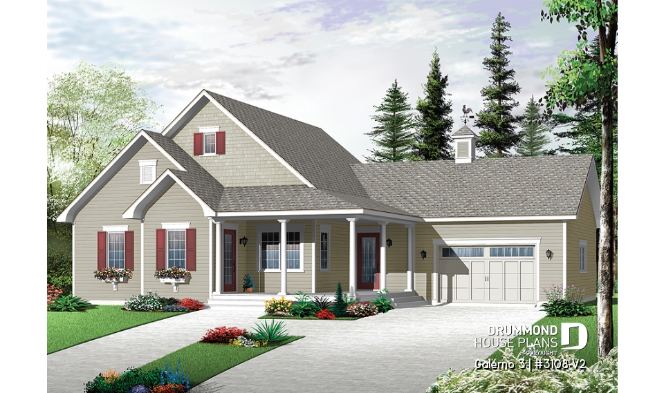 front - BASE MODEL - Country style Bungalow house plan, computer nook, access to basement through garage - Galerno 3