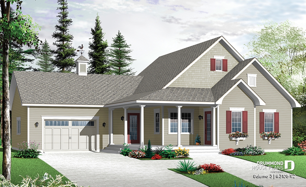 front - BASE MODEL - Country style Bungalow house plan, computer nook, access to basement through garage - Galerno 3