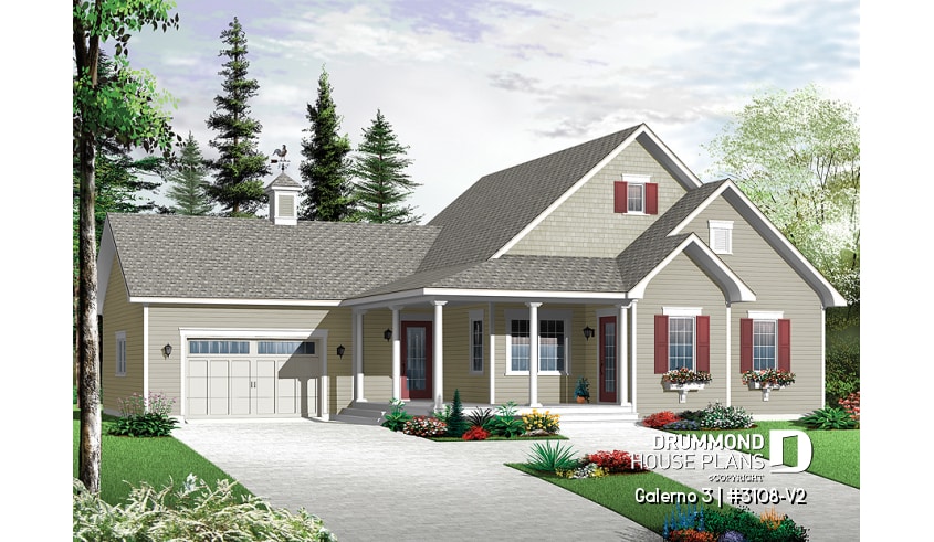 front - BASE MODEL - Country style Bungalow house plan, computer nook, access to basement through garage - Galerno 3