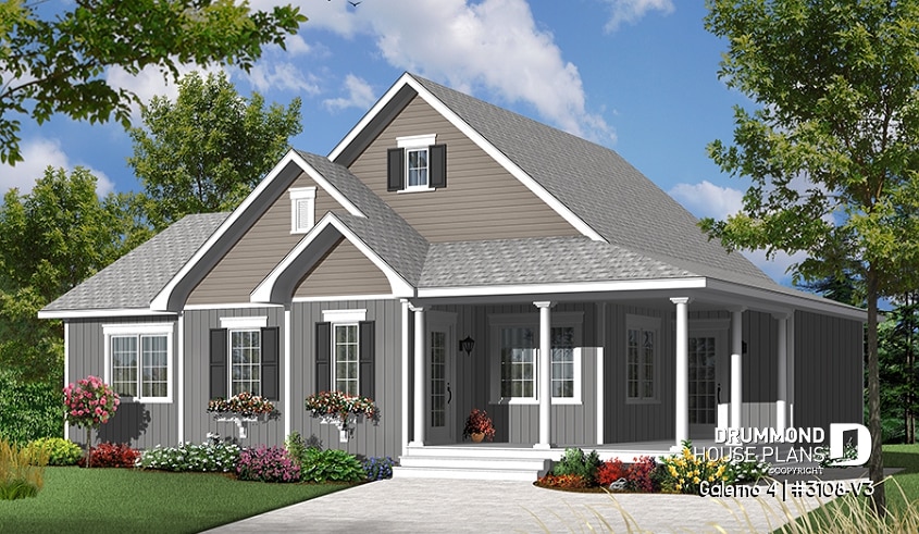 Color version 7 - Front - Country style 2 to 3 bedroom bungalow house plan, 2 bathrooms, laundry room, home office (or bed #3) - Galerno 4