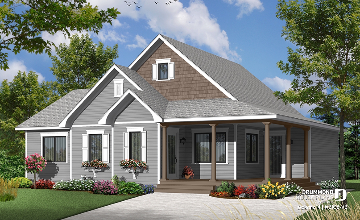 front - BASE MODEL - Country style 2 to 3 bedroom bungalow house plan, 2 bathrooms, laundry room, home office (or bed #3) - Galerno 4