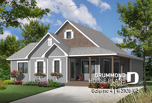 front - BASE MODEL - Country style 2 to 3 bedroom bungalow house plan, 2 bathrooms, laundry room, home office (or bed #3) - Galerno 4