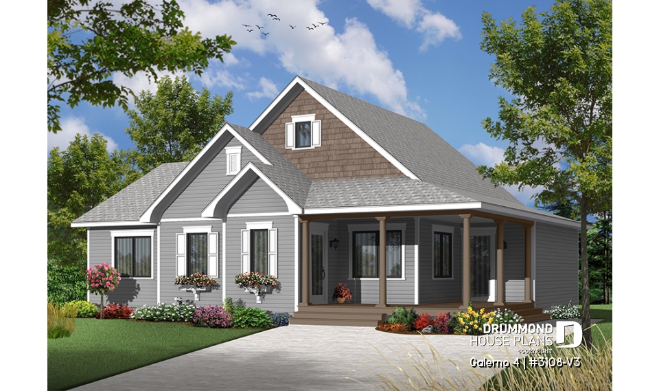 front - BASE MODEL - Country style 2 to 3 bedroom bungalow house plan, 2 bathrooms, laundry room, home office (or bed #3) - Galerno 4