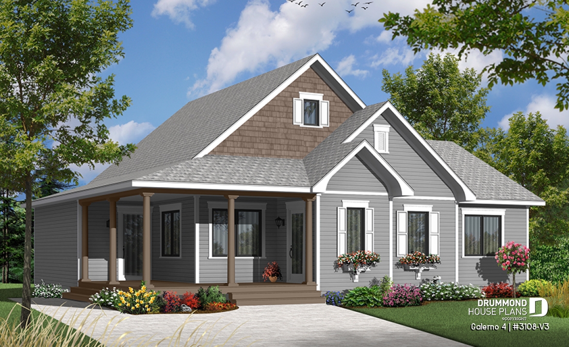 front - BASE MODEL - Country style 2 to 3 bedroom bungalow house plan, 2 bathrooms, laundry room, home office (or bed #3) - Galerno 4