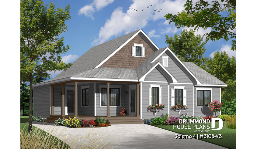front - BASE MODEL - Country style 2 to 3 bedroom bungalow house plan, 2 bathrooms, laundry room, home office (or bed #3) - Galerno 4