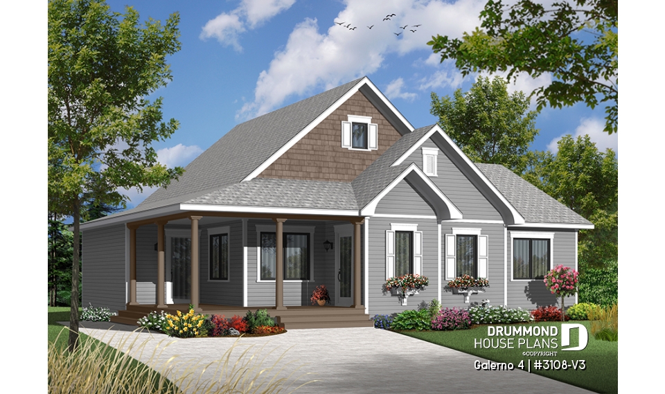 front - BASE MODEL - Country style 2 to 3 bedroom bungalow house plan, 2 bathrooms, laundry room, home office (or bed #3) - Galerno 4