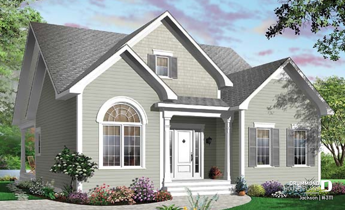 front - BASE MODEL - Cape Cod style home plan with side veranda, 3 bedrooms, formal dining room or home office, kitchen island - Jackson