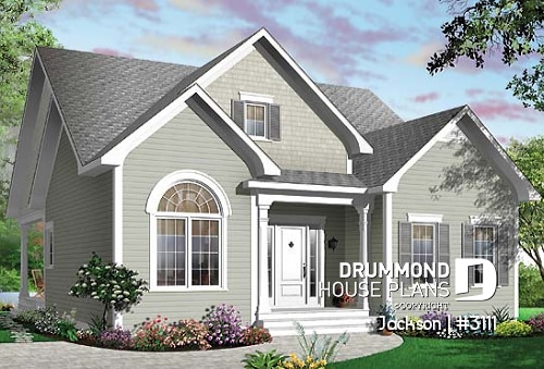front - BASE MODEL - Cape Cod style home plan with side veranda, 3 bedrooms, formal dining room or home office, kitchen island - Jackson