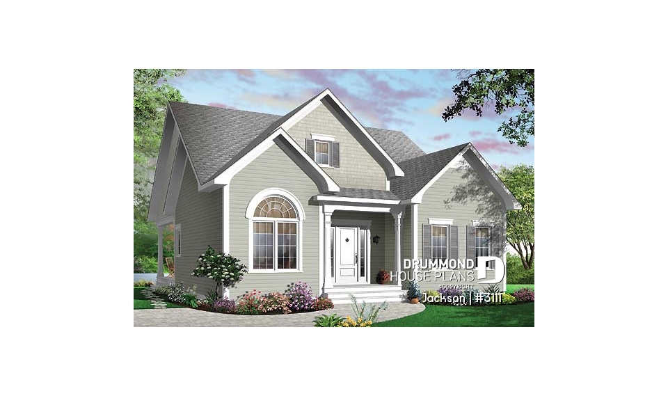 front - BASE MODEL - Cape Cod style home plan with side veranda, 3 bedrooms, formal dining room or home office, kitchen island - Jackson