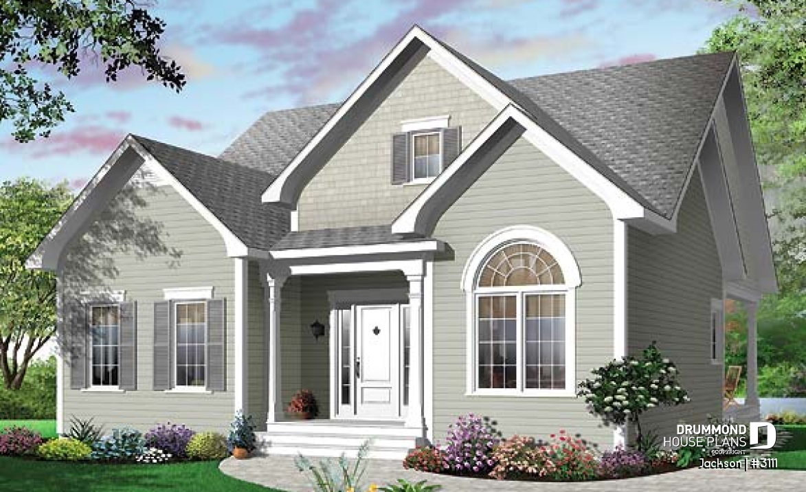 front - BASE MODEL - Cape Cod style home plan with side veranda, 3 bedrooms, formal dining room or home office, kitchen island - Jackson