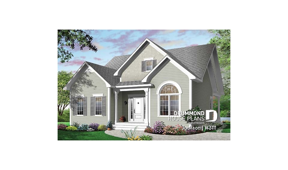 front - BASE MODEL - Cape Cod style home plan with side veranda, 3 bedrooms, formal dining room or home office, kitchen island - Jackson