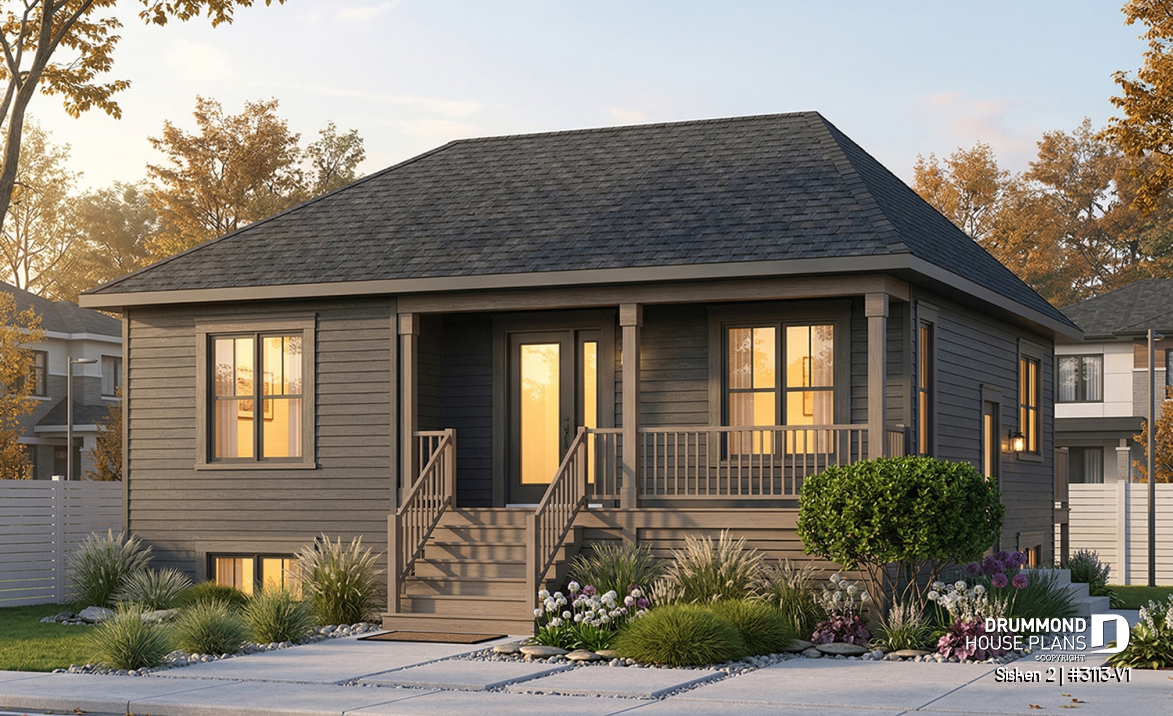 Color version 1 - Front - 2 bedroom, country style raised bungalow house plan with full basement, and laundry on main floor - Sisken 2