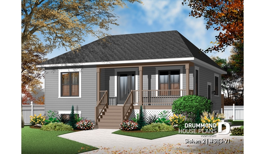 Color version 1 - Front - 2 bedroom, country style raised bungalow house plan with full basement, and laundry on main floor - Sisken 2