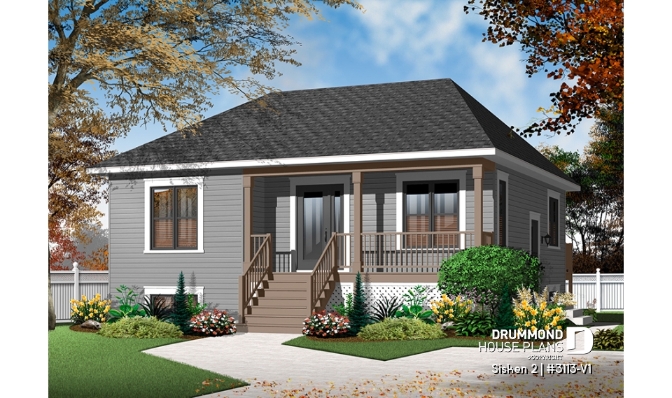 Color version 1 - Front - 2 bedroom, country style raised bungalow house plan with full basement, and laundry on main floor - Sisken 2