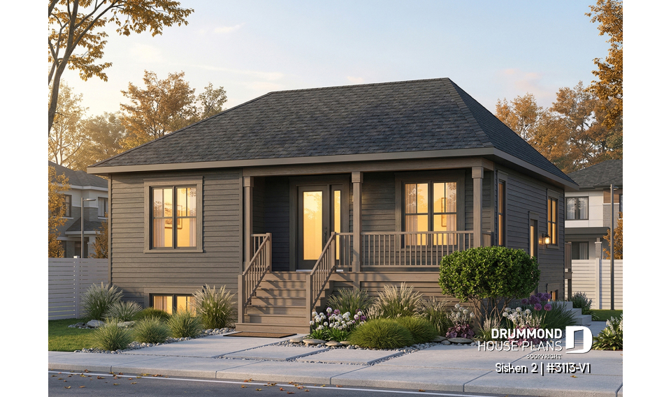 Color version 1 - Front - 2 bedroom, country style raised bungalow house plan with full basement, and laundry on main floor - Sisken 2