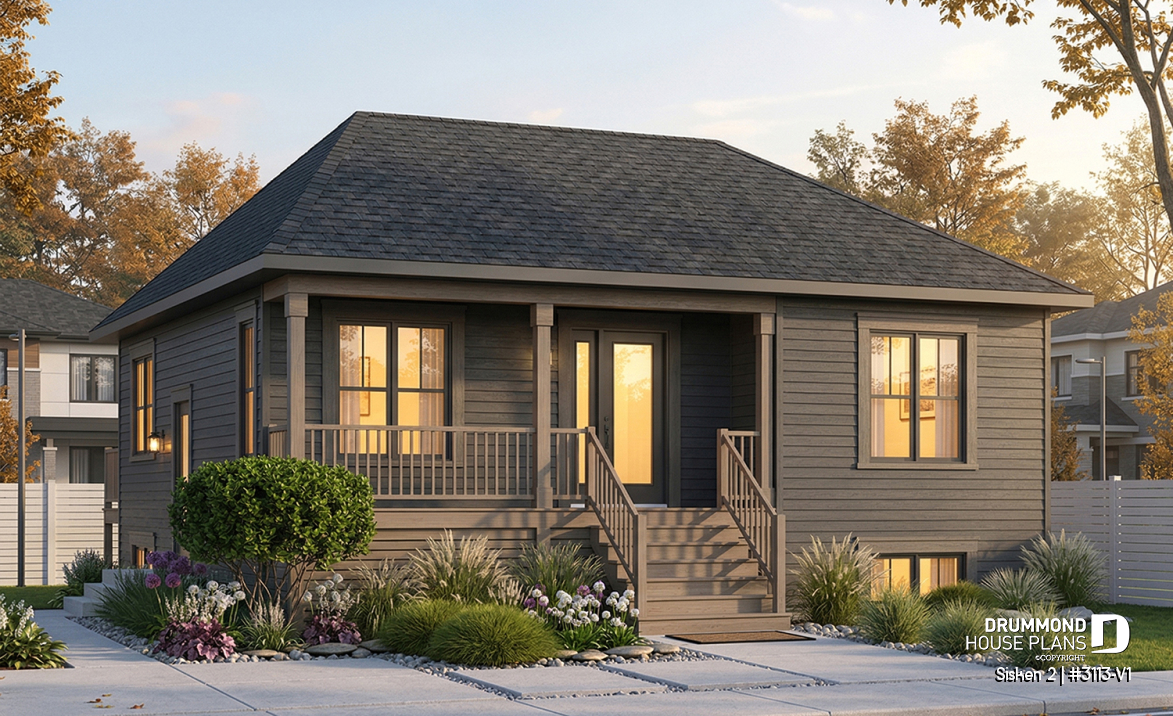 Color version 1 - Front - 2 bedroom, country style raised bungalow house plan with full basement, and laundry on main floor - Sisken 2