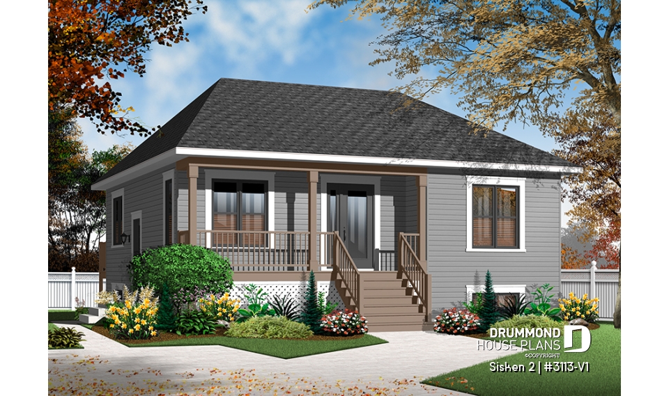 Color version 1 - Front - 2 bedroom, country style raised bungalow house plan with full basement, and laundry on main floor - Sisken 2