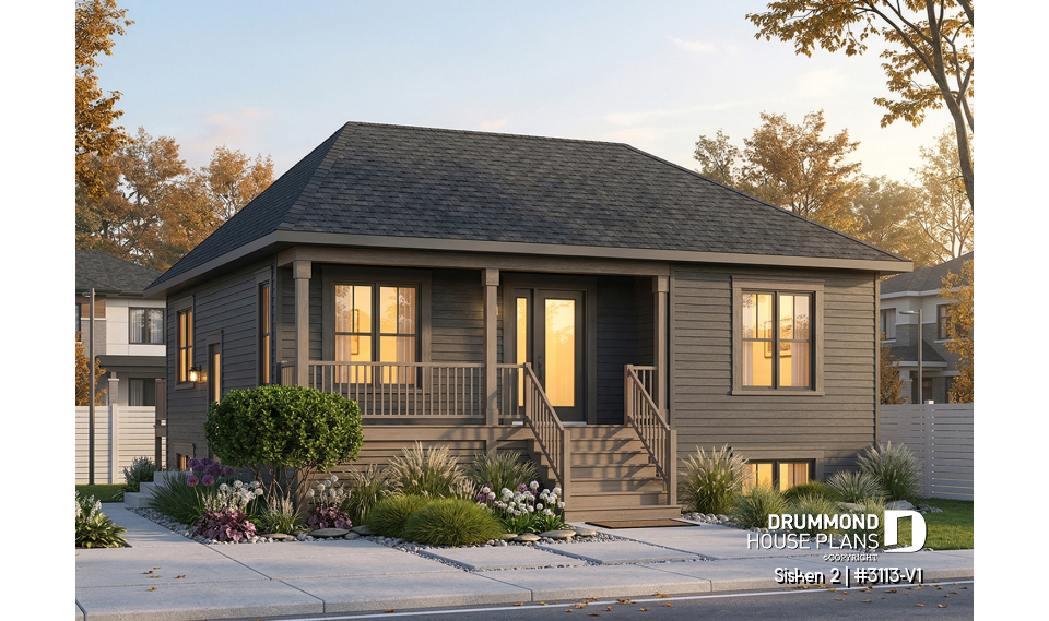 Color version 1 - Front - 2 bedroom, country style raised bungalow house plan with full basement, and laundry on main floor - Sisken 2