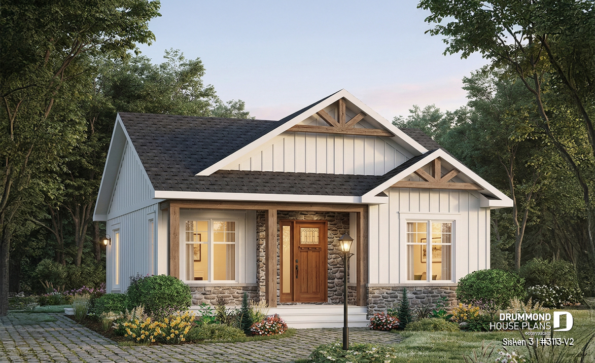 front - BASE MODEL - Affordable Compact Farmhouse Ranch Home Plan with Up to 5 Bedrooms and Optional Finished Basement - Sisken 3