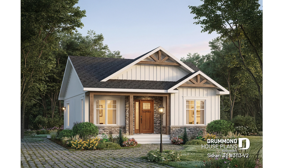 front - BASE MODEL - Affordable Compact Farmhouse Ranch Home Plan with Up to 5 Bedrooms and Optional Finished Basement - Sisken 3