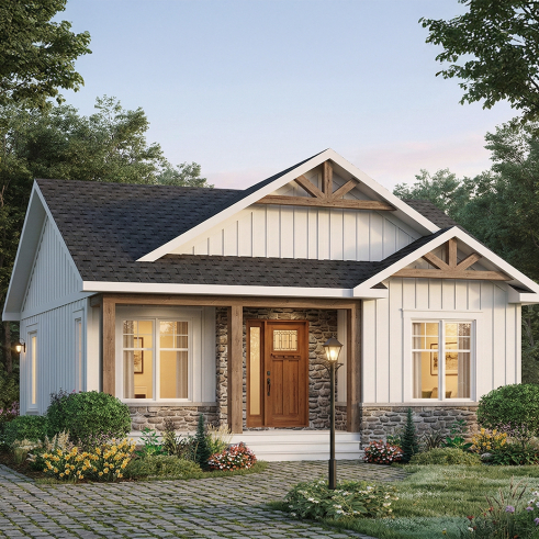 front - BASE MODEL - Affordable Compact Farmhouse Ranch Home Plan with Up to 5 Bedrooms and Optional Finished Basement - Sisken 3