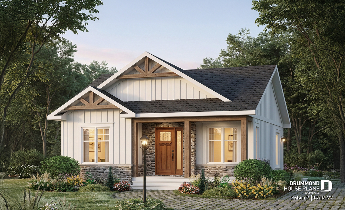 front - BASE MODEL - Affordable Compact Farmhouse Ranch Home Plan with Up to 5 Bedrooms and Optional Finished Basement - Sisken 3