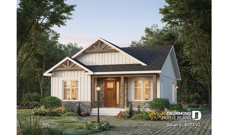 front - BASE MODEL - Affordable Compact Farmhouse Ranch Home Plan with Up to 5 Bedrooms and Optional Finished Basement - Sisken 3