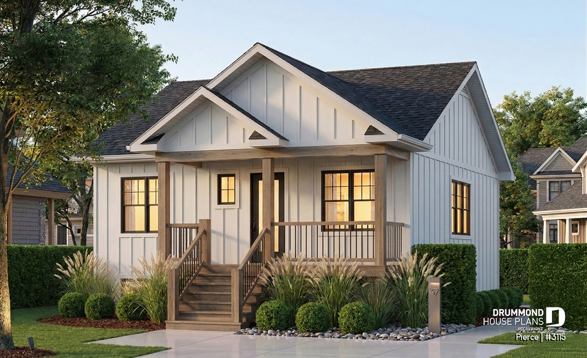 front - BASE MODEL - Economical 2 bedroom bungalow with kitchen island and veranda, ideal first-home buyer house plan - Pierce