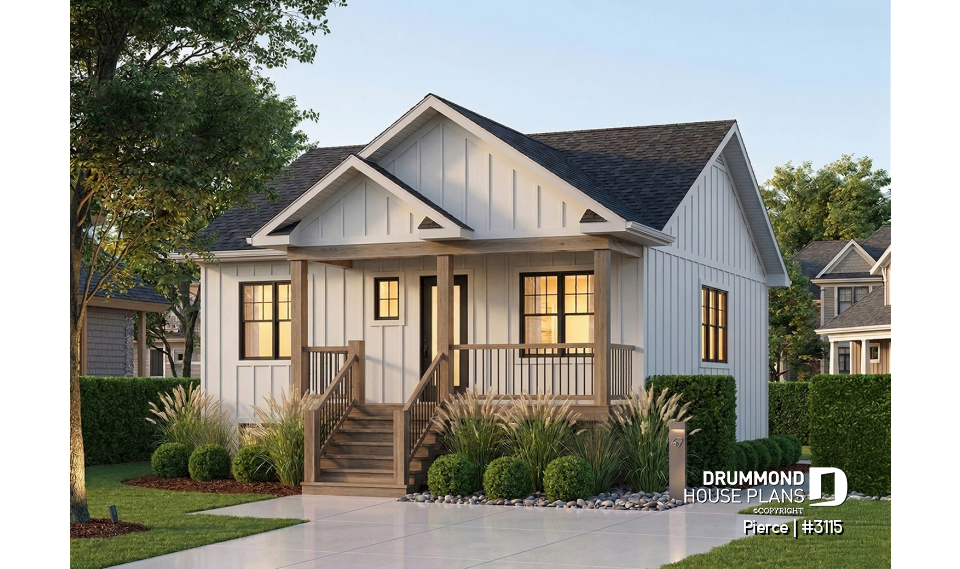 front - BASE MODEL - Economical 2 bedroom bungalow with kitchen island and veranda, ideal first-home buyer house plan - Pierce