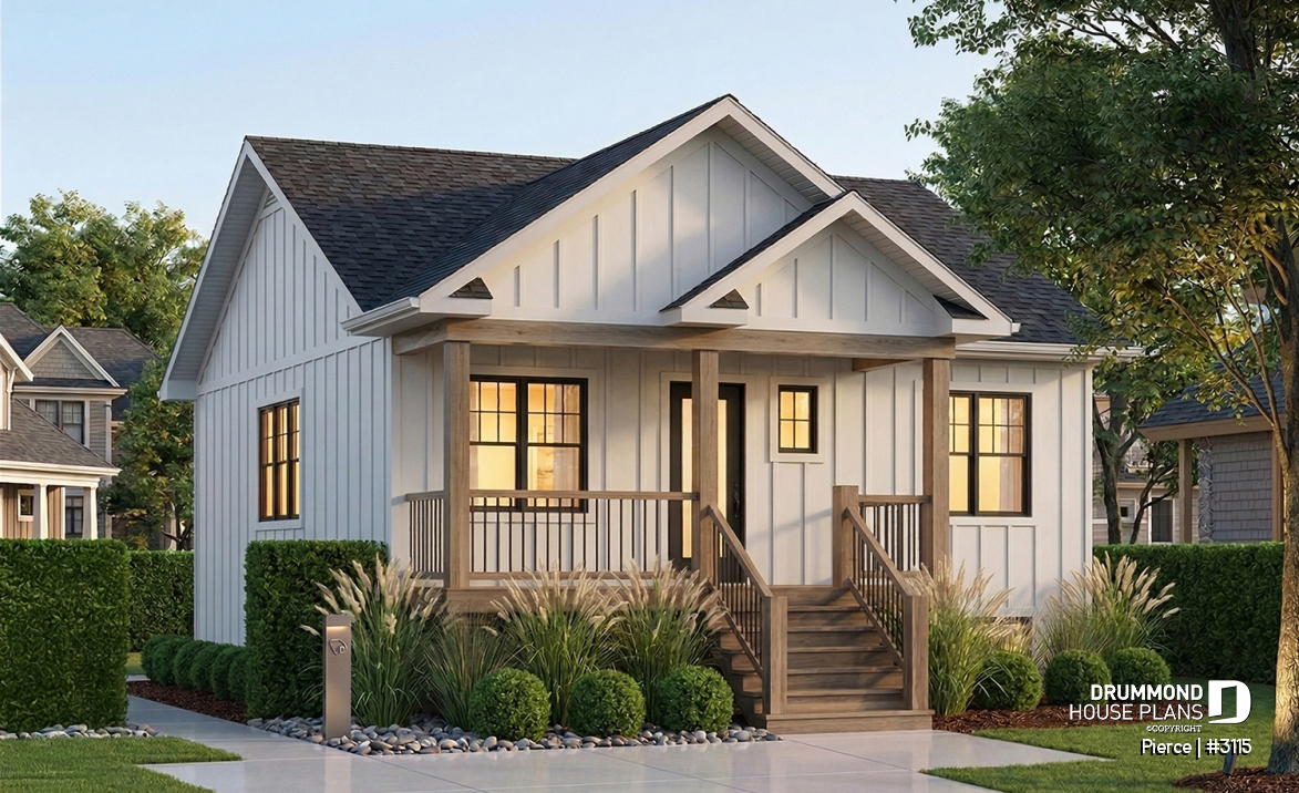front - BASE MODEL - Economical 2 bedroom bungalow with kitchen island and veranda, ideal first-home buyer house plan - Pierce