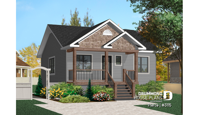front - BASE MODEL - Economical 2 bedroom bungalow with kitchen island and veranda, ideal first-home buyer house plan - Pierce
