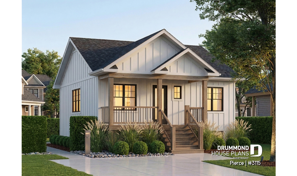 front - BASE MODEL - Economical 2 bedroom bungalow with kitchen island and veranda, ideal first-home buyer house plan - Pierce