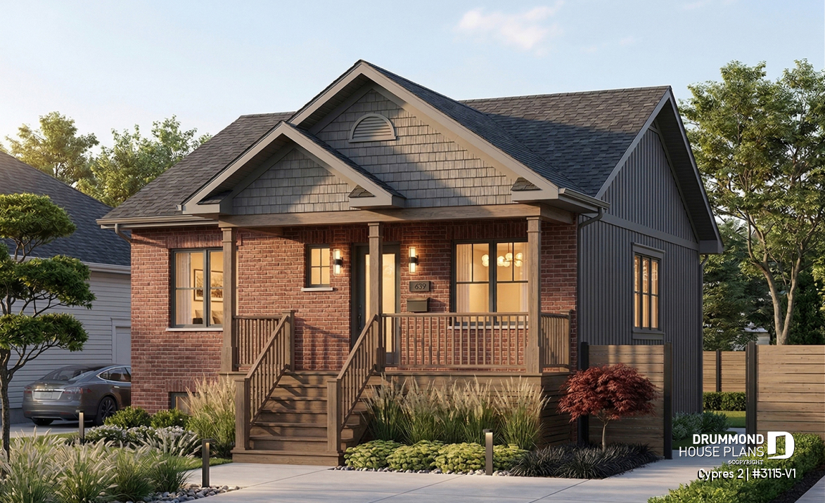 front - BASE MODEL - Small ranch bungalow with brick siding (front elevation), 2 bedrooms, open concept, rised unfinished basement - Cypres 2