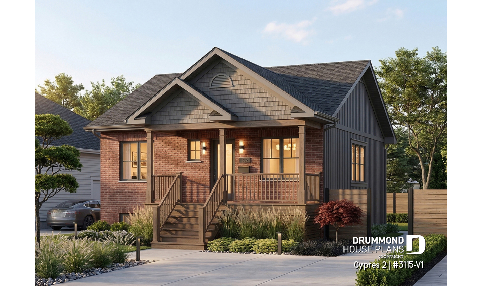 front - BASE MODEL - Small ranch bungalow with brick siding (front elevation), 2 bedrooms, open concept, rised unfinished basement - Cypres 2