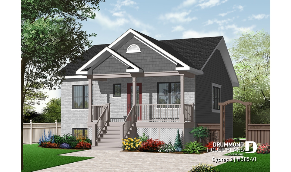 front - BASE MODEL - Small ranch bungalow with brick siding (front elevation), 2 bedrooms, open concept, rised unfinished basement - Cypres 2