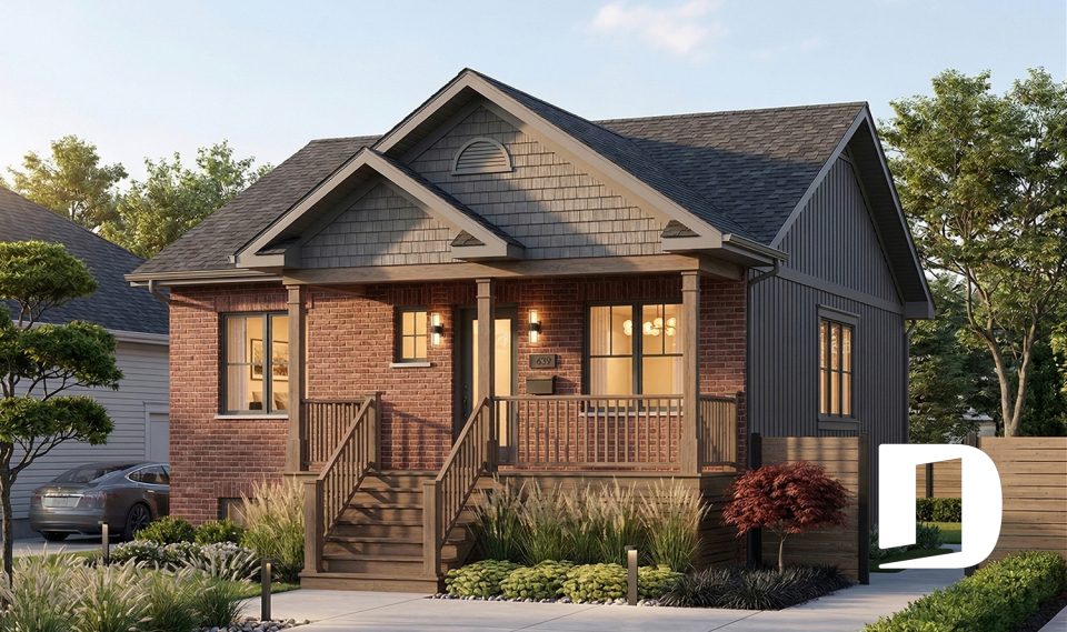 front - BASE MODEL - Small ranch bungalow with brick siding (front elevation), 2 bedrooms, open concept, rised unfinished basement - Cypres 2